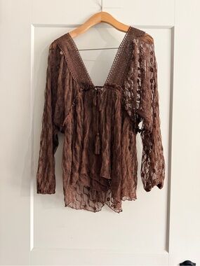 Daytrip Brown Crochet V-Neck Sheer Boho Blouse